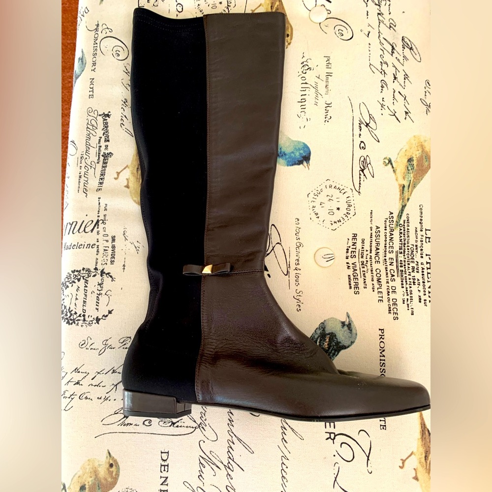 NEW Kate Spade ♠️ Brown 50/50 Pull-On Tall Boots Golden Logo Size 10